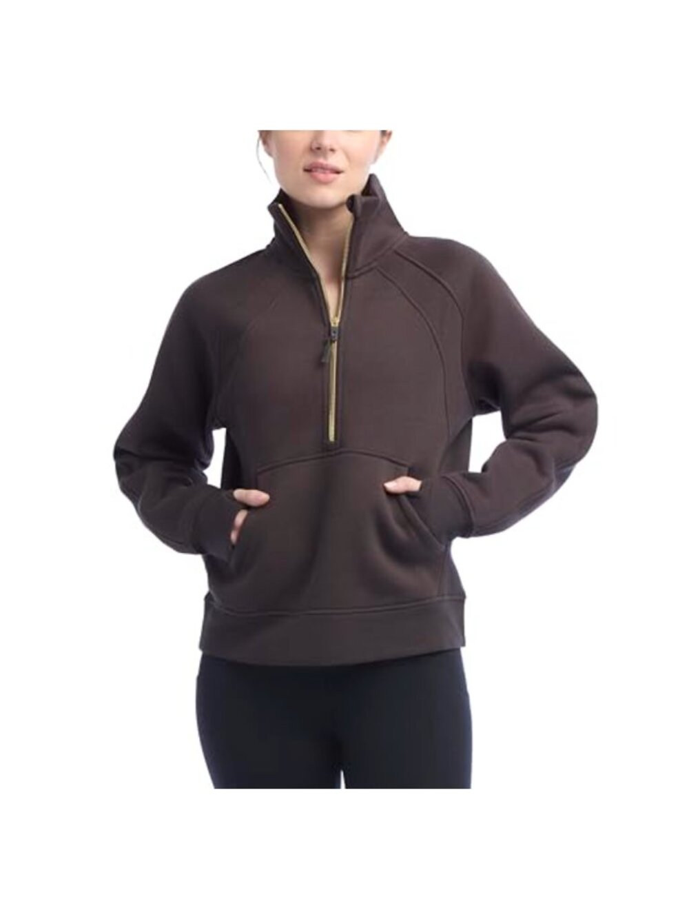 Mixed Rib Half Zip Pullover Sweatshirt Mock Neck Kangaroo Pocket